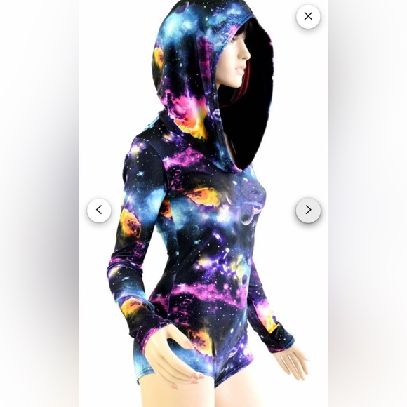 UV Glow Galaxy Print Hoodie Romper with Alien Printed Rave/Festival Fan - Picture 4 of 8